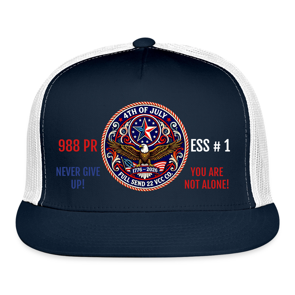 Trucker Hat| Trucker Hat| Show your pride and purpose with the Never Give Up! You Are Not Alone Hat from Full Send 22 VCC Co. — a veteran‑founded brand dedicated to raising awareness for men’s mental health and veteran suicide prevention. Version 2 - navy/white