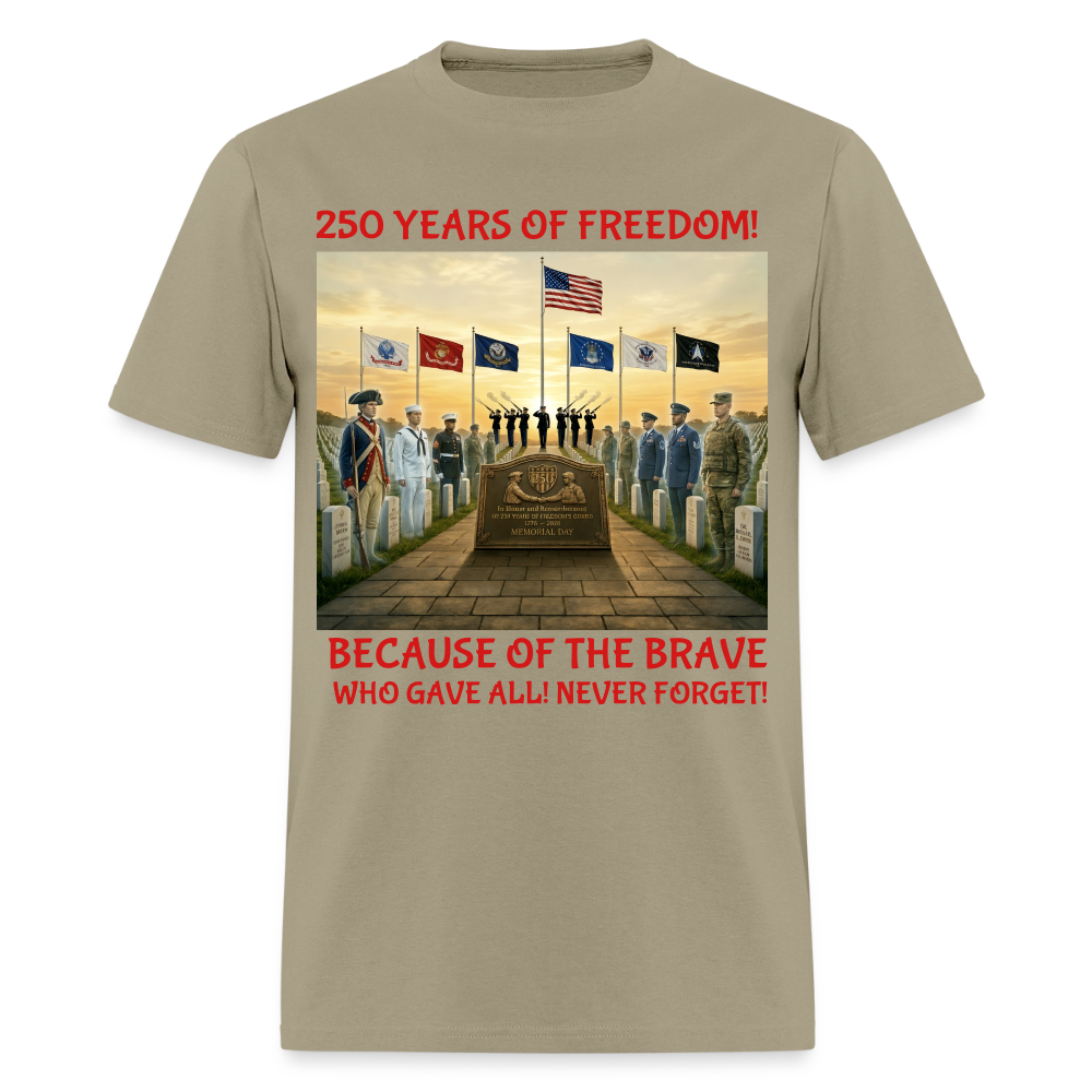 Men’s Memorial Day 2026 Shirt | 250 Years of Freedom Tribute Tee with Soldiers 1776‑2026, 21‑Gun Salute, American Flag, Six Military Branches, Because of the Brave Never Forget - khaki