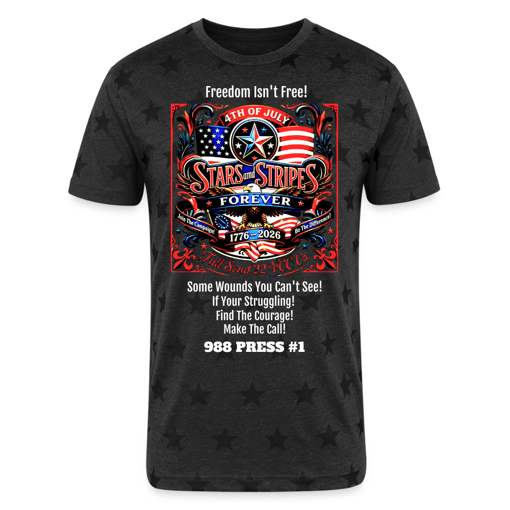 Special Edition Unisex Adult Star Printed T-shirt Celebrate freedom and honor those who carry its weight with the Freedom Isn’t Free – Stars and Stripes Forever Shirt from Full Send 22 VCC Co. - charcoal star 