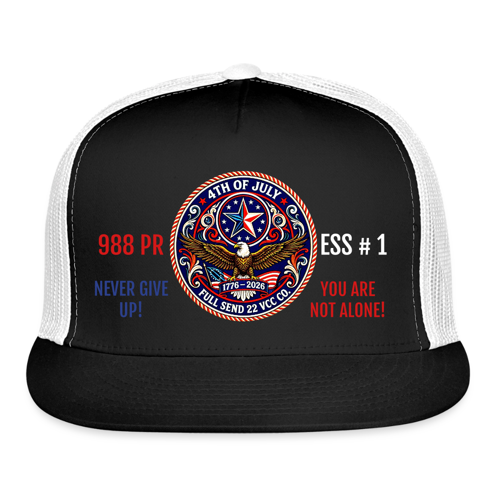 Trucker Hat| Trucker Hat| Show your pride and purpose with the Never Give Up! You Are Not Alone Hat from Full Send 22 VCC Co. — a veteran‑founded brand dedicated to raising awareness for men’s mental health and veteran suicide prevention. Version 2 - black/white