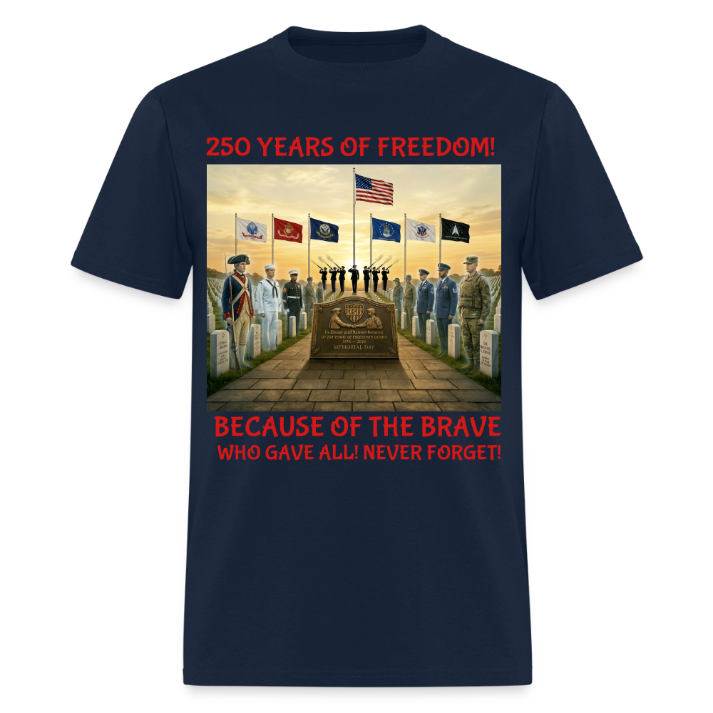 Men’s Memorial Day 2026 Shirt | 250 Years of Freedom Tribute Tee with Soldiers 1776‑2026, 21‑Gun Salute, American Flag, Six Military Branches, Because of the Brave Never Forget - navy
