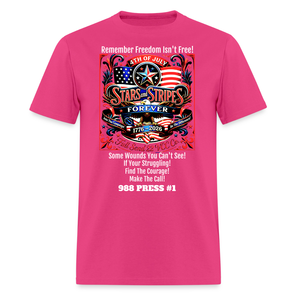 Men's T-Shirt | Freedom Isn’t Free Patriotic 250th Anniversary Shirt – Stars and Stripes Forever – Veteran & Men’s Mental Health Awareness Tee - fuchsia