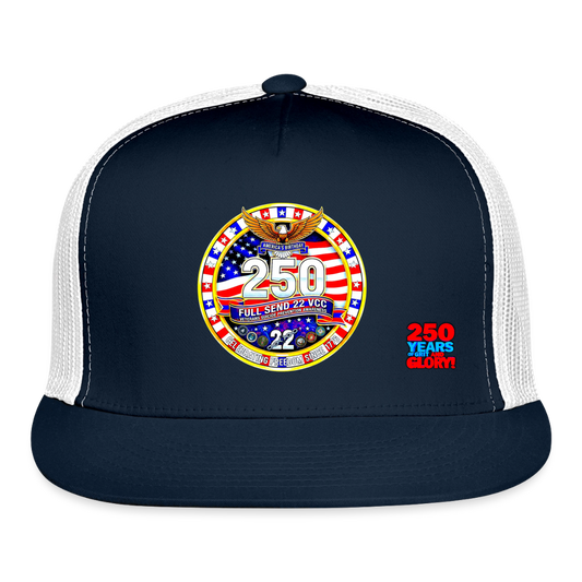 America 250 Trucker Cap Blue and White Patriotic Hat with Red White and Blue Logo Celebrating 250 Years of Grit and Glory USA Mesh Back Cap - navy/white