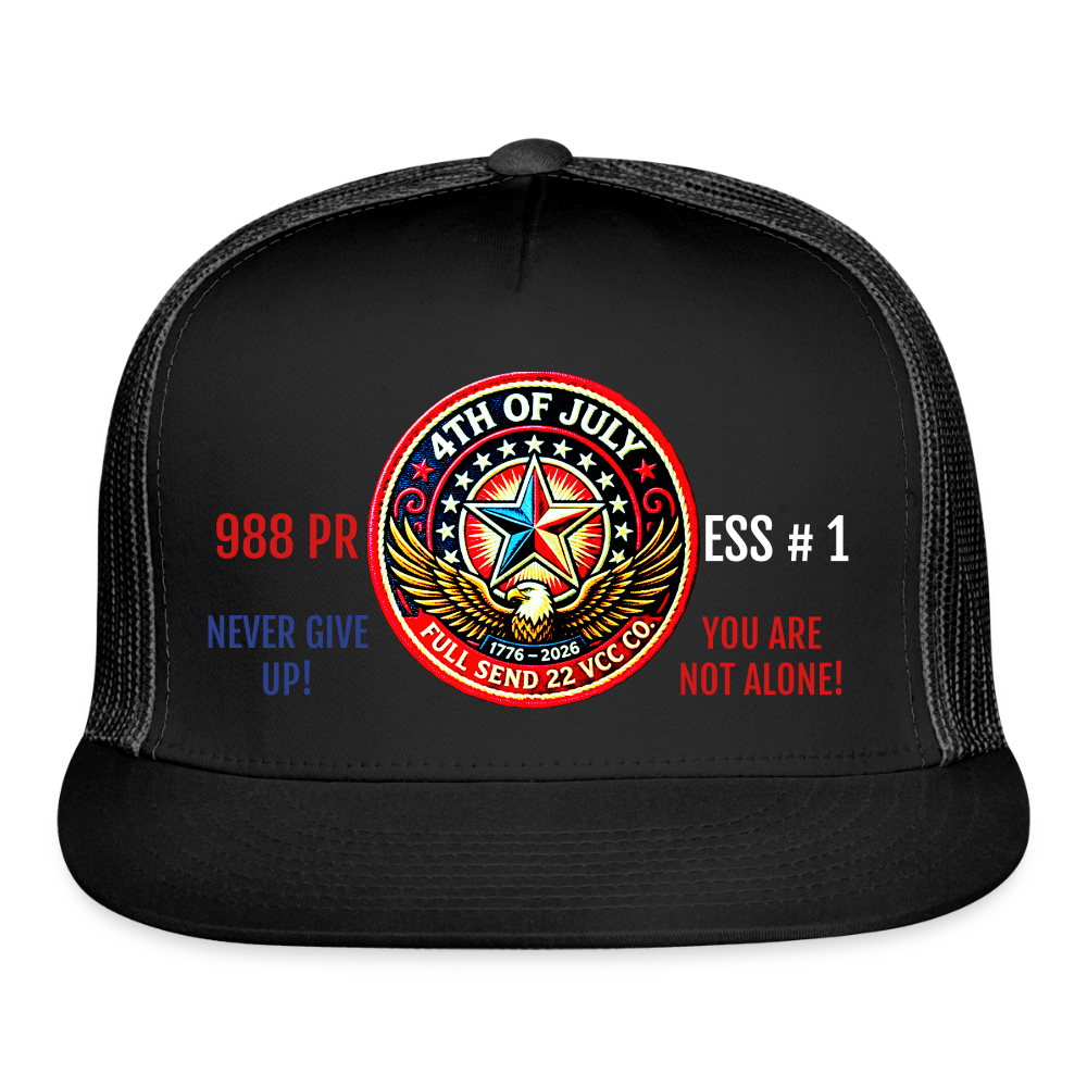 Trucker Hat| Show your pride and purpose with the Never Give Up! You Are Not Alone Hat from Full Send 22 VCC Co. — a veteran‑founded brand dedicated to raising awareness for men’s mental health and veteran suicide prevention. Hat Version 1 - black/black