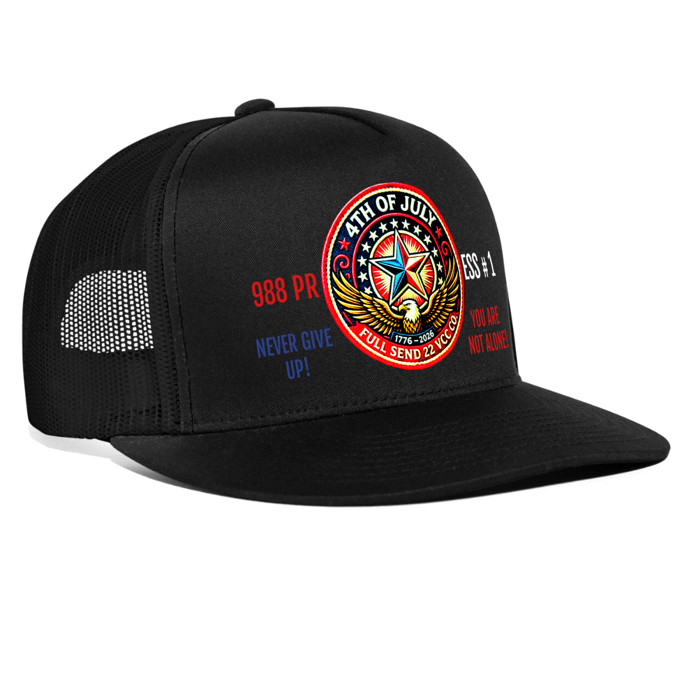 Trucker Hat| Show your pride and purpose with the Never Give Up! You Are Not Alone Hat from Full Send 22 VCC Co. — a veteran‑founded brand dedicated to raising awareness for men’s mental health and veteran suicide prevention. Hat Version 1 - black/black