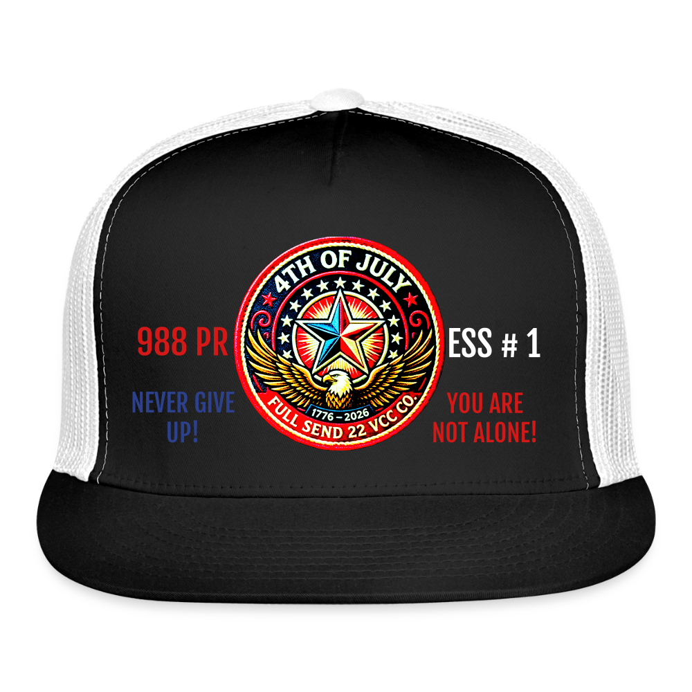 Trucker Hat| Show your pride and purpose with the Never Give Up! You Are Not Alone Hat from Full Send 22 VCC Co. — a veteran‑founded brand dedicated to raising awareness for men’s mental health and veteran suicide prevention. Hat Version 1 - black/white