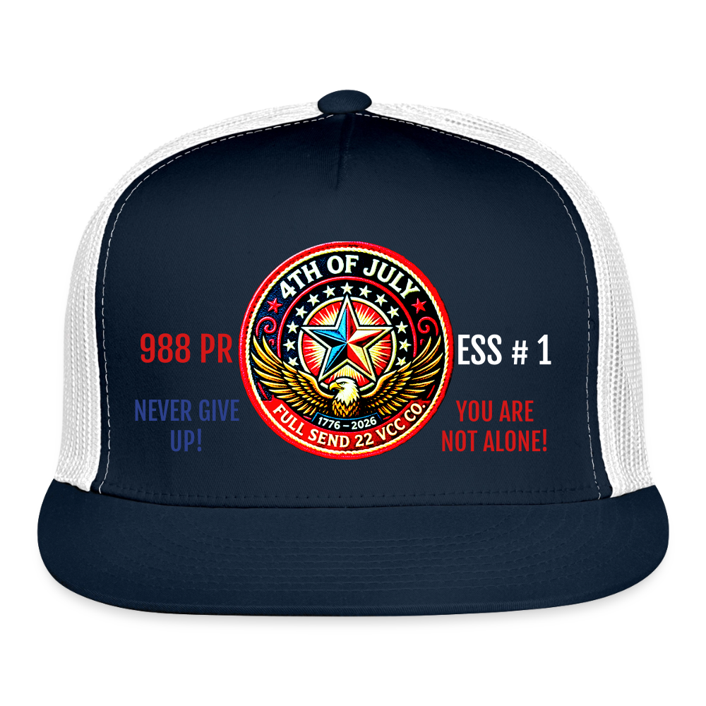 Trucker Hat| Show your pride and purpose with the Never Give Up! You Are Not Alone Hat from Full Send 22 VCC Co. — a veteran‑founded brand dedicated to raising awareness for men’s mental health and veteran suicide prevention. Hat Version 1 - navy/white