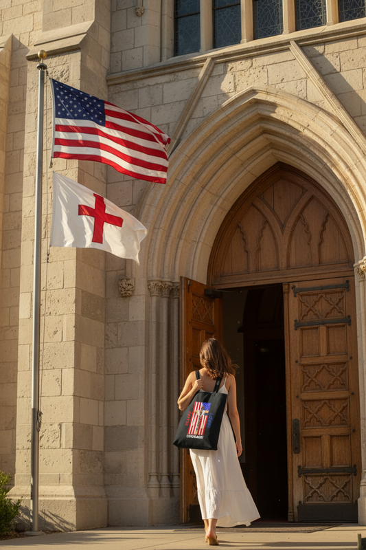 Tote Bag Patriotic FAITH LOVE COURAGE Tote Bag with American Flag & Cross | Full Send 22 VCC Co. - black