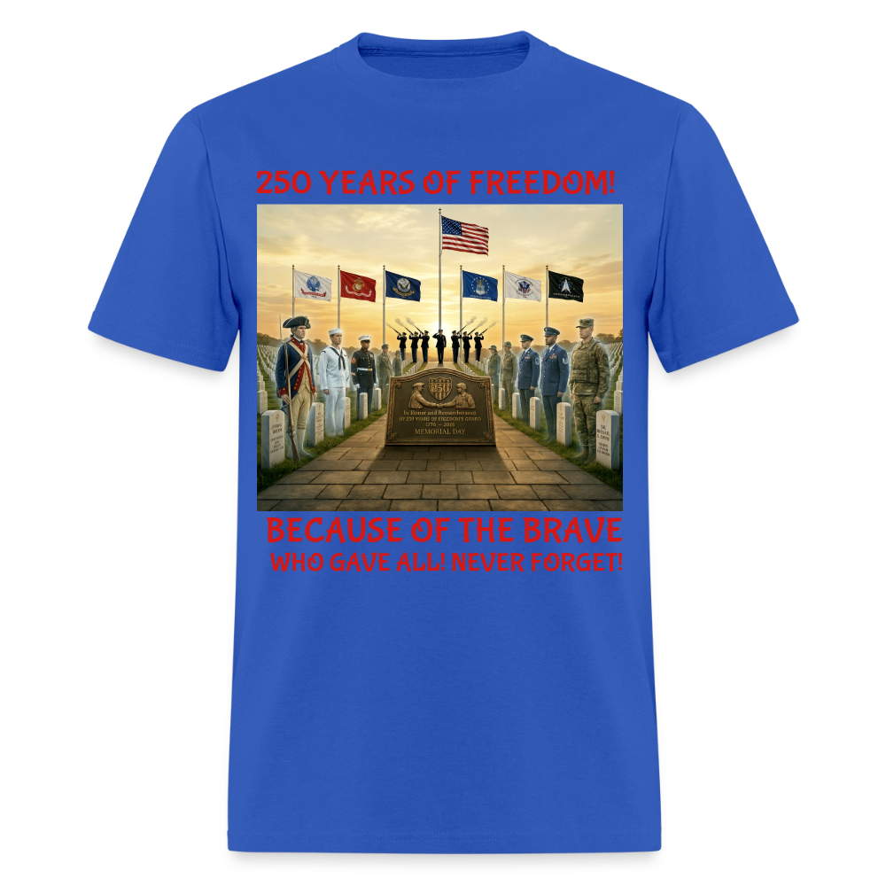 Men’s Memorial Day 2026 Shirt | 250 Years of Freedom Tribute Tee with Soldiers 1776‑2026, 21‑Gun Salute, American Flag, Six Military Branches, Because of the Brave Never Forget - royal blue