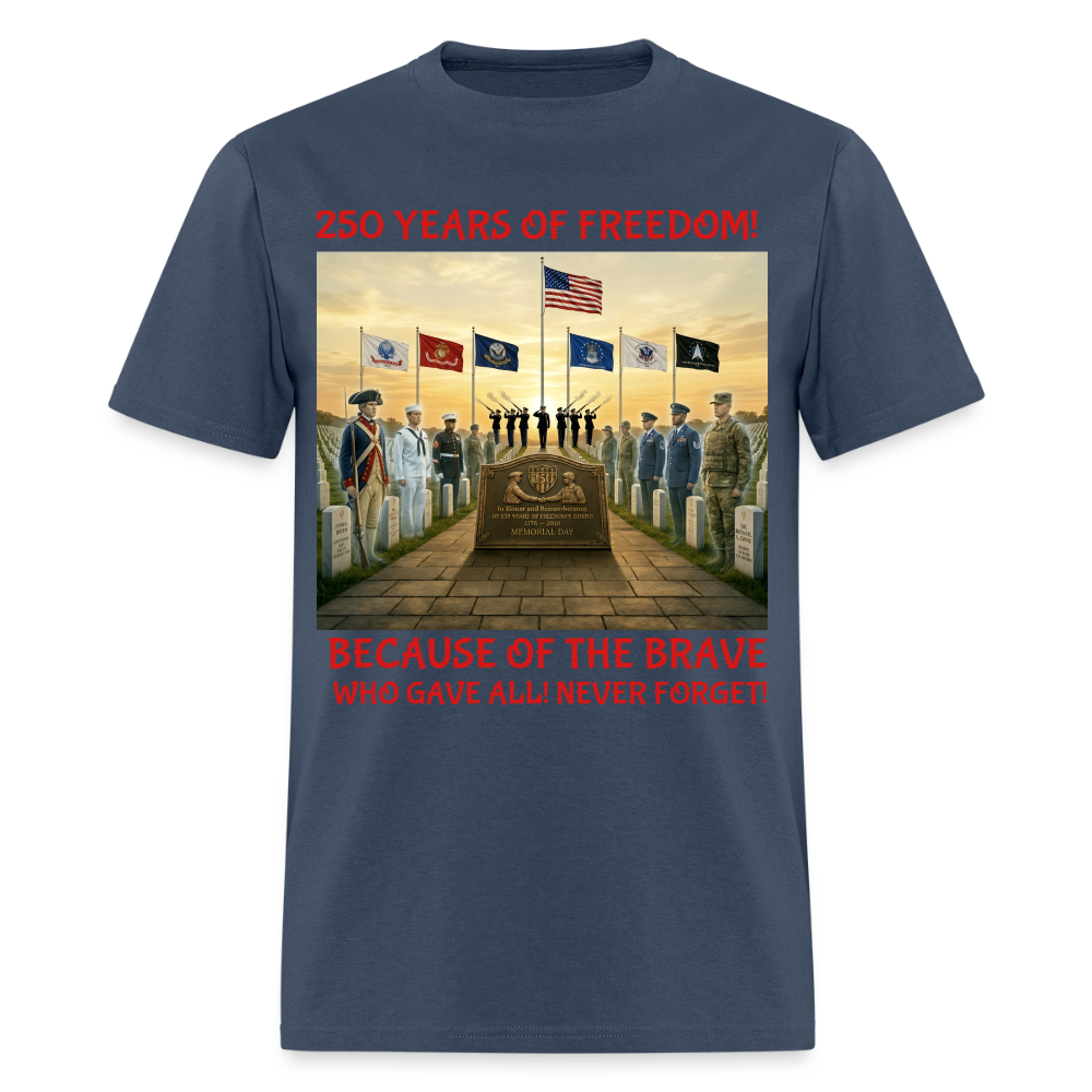 Men’s Memorial Day 2026 Shirt | 250 Years of Freedom Tribute Tee with Soldiers 1776‑2026, 21‑Gun Salute, American Flag, Six Military Branches, Because of the Brave Never Forget -  blue dusk