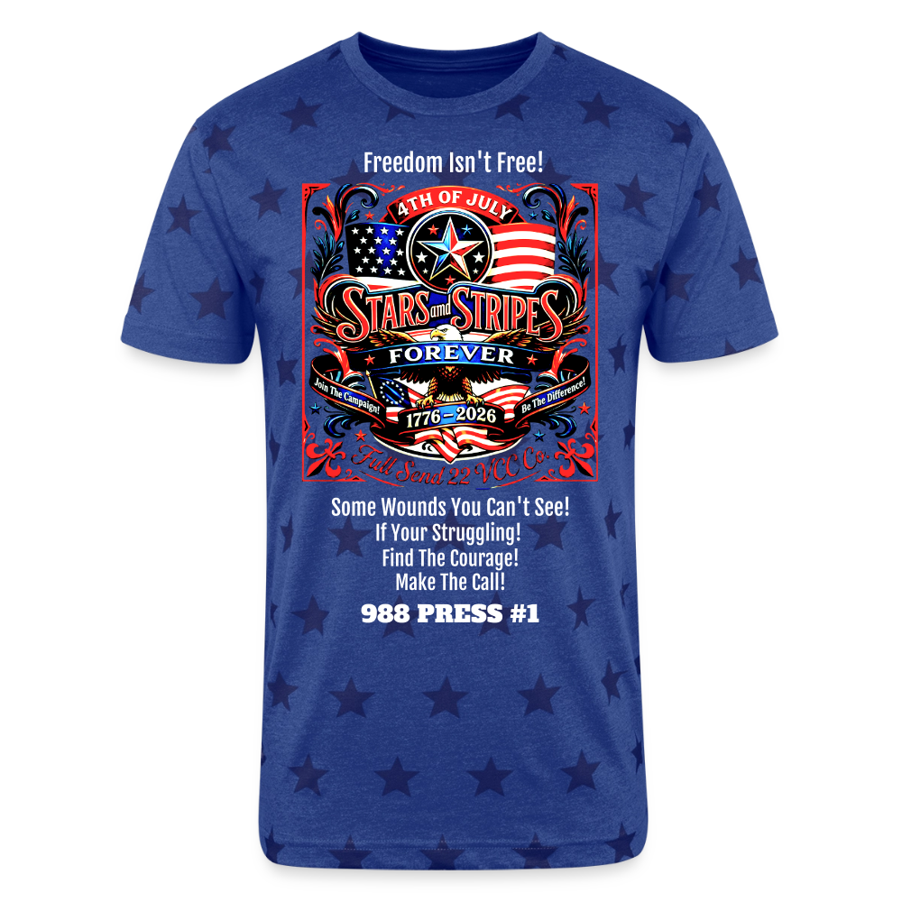Special Edition Unisex Adult Star Printed T-shirt Celebrate freedom and honor those who carry its weight with the Freedom Isn’t Free – Stars and Stripes Forever Shirt from Full Send 22 VCC Co. - royal star