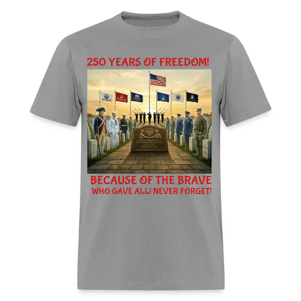 Men’s Memorial Day 2026 Shirt | 250 Years of Freedom Tribute Tee with Soldiers 1776‑2026, 21‑Gun Salute, American Flag, Six Military Branches, Because of the Brave Never Forget - rock