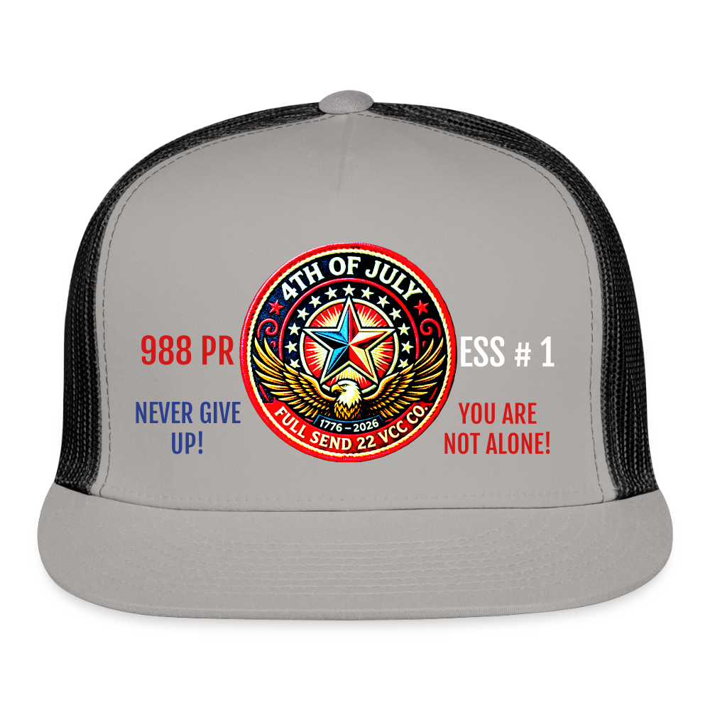 Trucker Hat| Show your pride and purpose with the Never Give Up! You Are Not Alone Hat from Full Send 22 VCC Co. — a veteran‑founded brand dedicated to raising awareness for men’s mental health and veteran suicide prevention. Hat Version 1 - gray/black
