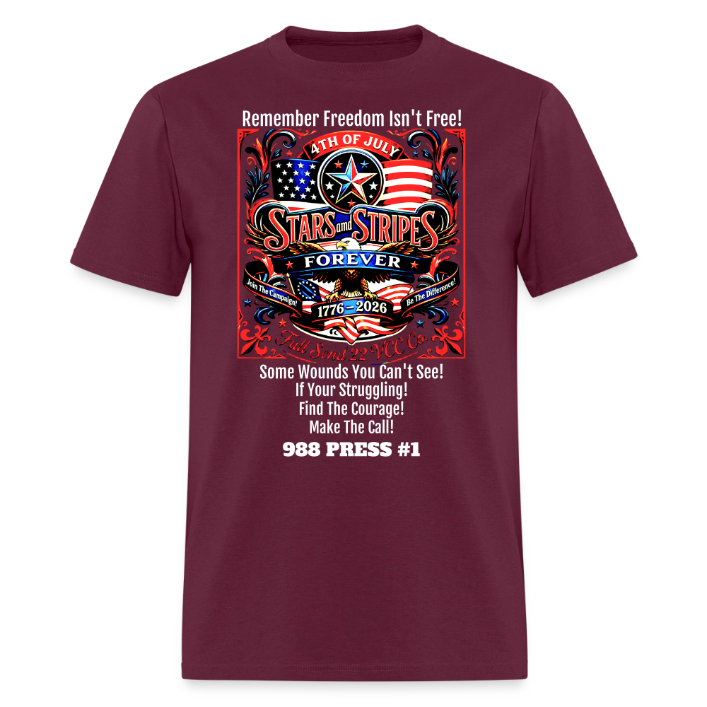 Men's T-Shirt | Freedom Isn’t Free Patriotic 250th Anniversary Shirt – Stars and Stripes Forever – Veteran & Men’s Mental Health Awareness Tee - burgundy