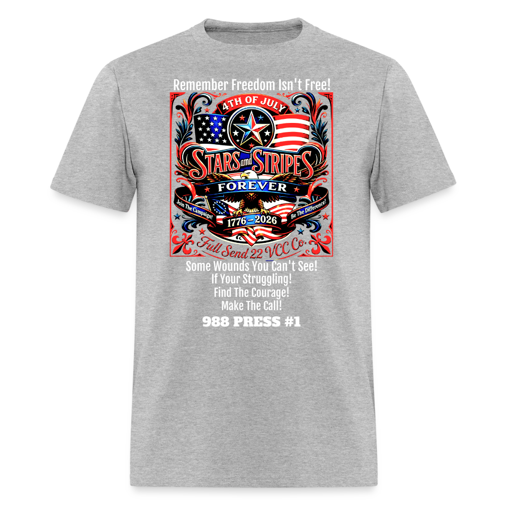 Men's T-Shirt | Freedom Isn’t Free Patriotic 250th Anniversary Shirt – Stars and Stripes Forever – Veteran & Men’s Mental Health Awareness Tee - heather gray